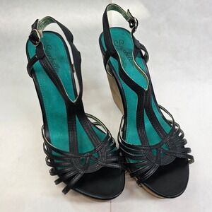Seychelles Wedge Sandals 6.5 Black Teal Strappy Leather Wood Heel Boho Retro